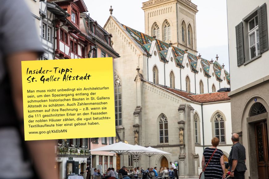 Man muss nicht unbedingt ein Architekturfan sein, um den Spaziergang entlang der schmucken historischen Bauten in St. Gallens Altstadt zu schätzen. Auch Zahlenmenschen kommen auf ihre Rechnung – z.B. wenn sie die 111 geschnitzten Erker an den Fassaden der noblen Häuser zählen, die «gut betuchte» Textilkaufleute hier einst gebaut haben.