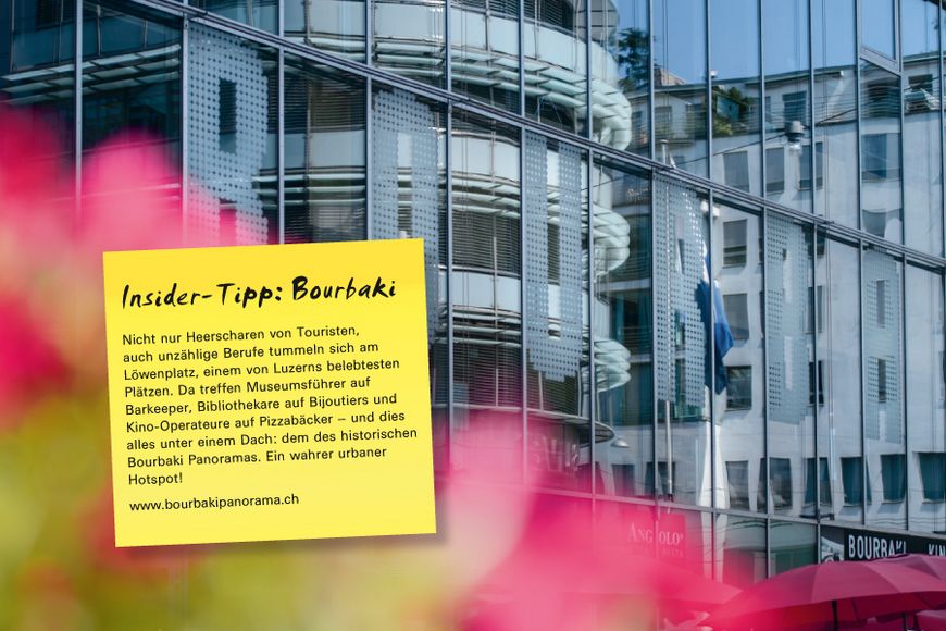 Nicht nur Heerscharen von Touristen, auch unzählige Berufe tummeln sich am Löwenplatz, einem von Luzerns belebtesten Plätzen. Da treffen Museumsführer auf Barkeeper, Bibliothekare auf Bijoutiers und Kino-Operateure auf Pizzabäcker – und dies alles unter einem Dach: dem des historischen Bourbaki Panoramas. Ein wahrer urbaner Hotspot!