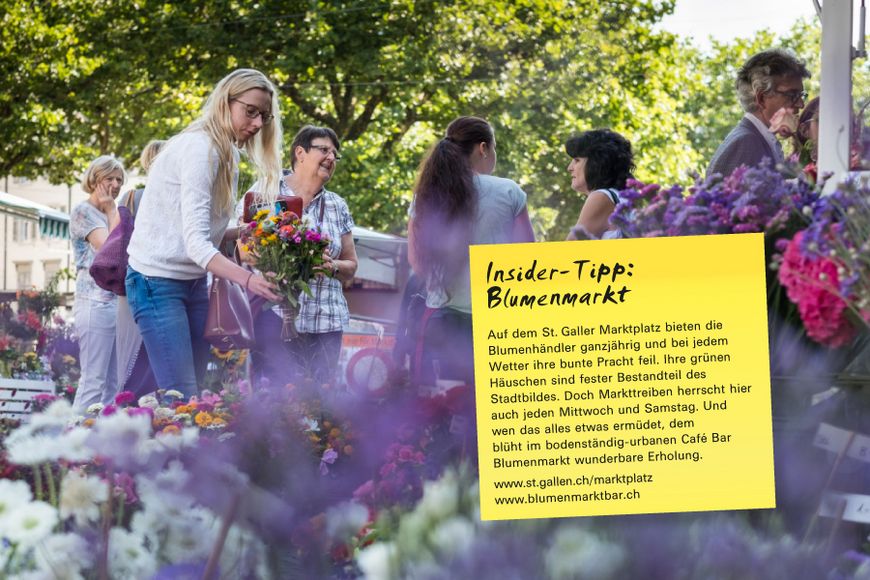 Auf dem St. Galler Marktplatz bieten die Blumenhändler ganzjährig und bei jedem Wetter ihre bunte Pracht feil. Ihre grünen Häuschen sind fester Bestandteil des Stadtbildes. Doch Markttreiben herrscht hier auch jeden Mittwoch und Samstag. Und wen das alles etwas ermüdet, dem blüht im bodenständig-urbanen Café Bar Blumenmarkt wunderbare Erholung.