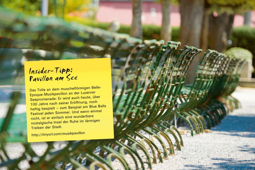 Das Tolle an dem muschelförmigen Belle-Epoque-Musikpavillon an der Luzerner Seepromenade: Er wird auch heute, über 100 Jahre nach seiner Eröffnung, noch heftig bespielt – zum Beispiel am Blue Balls Festival jeden Sommer. Und wenn einmal nicht, ist er einfach eine wunderbare nostalgische Insel der Ruhe im lärmigen Treiben der Stadt.