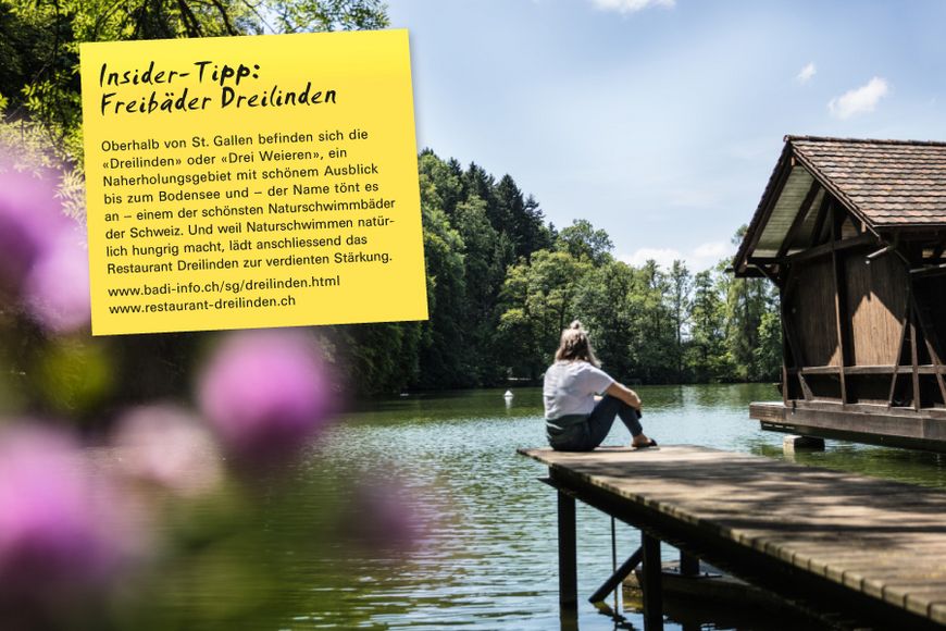 Oberhalb von St. Gallen befinden sich die «Dreilinden» oder «Drei Weieren», ein Naherholungsgebiet mit schönem Ausblick bis zum Bodensee und – der Name tönt es an – einem der schönsten Naturschwimmbäder der Schweiz. Und weil Naturschwimmen natürlich hungrig macht, lädt anschliessend das Restaurant Dreilinden zur verdienten Stärkung.